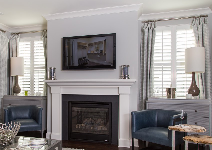 living room Destin faux wood shutters